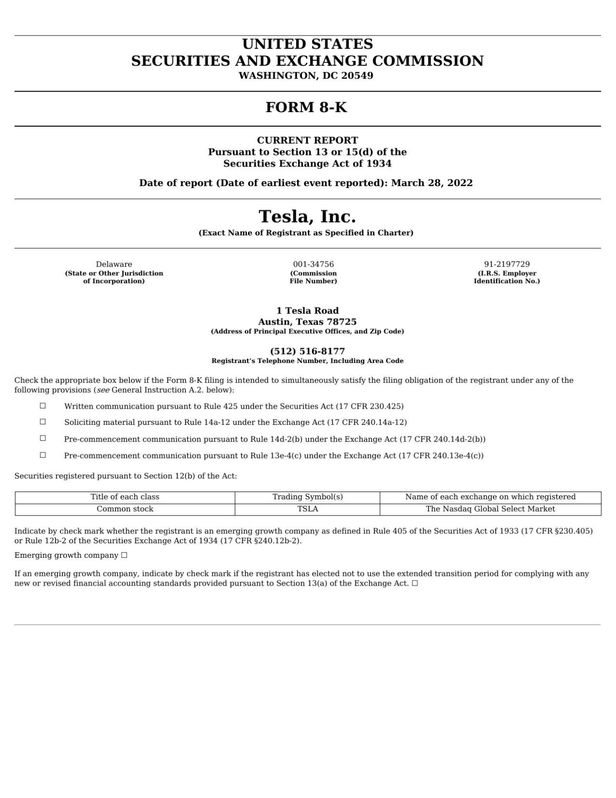 Tesla 8K filing