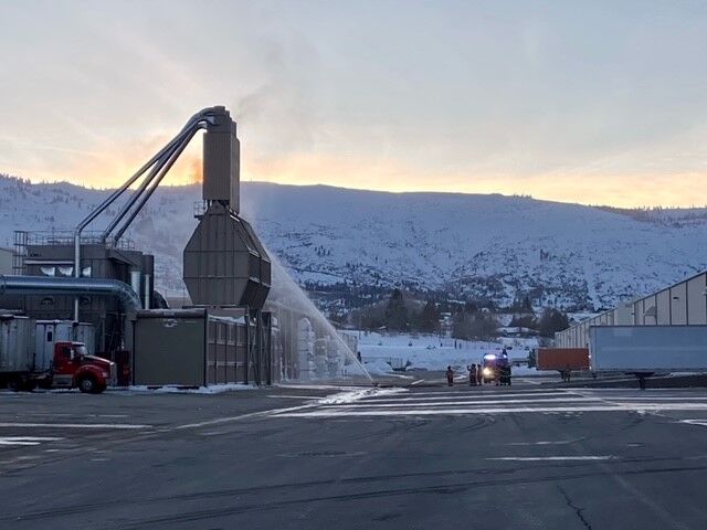 Crews on scene of fire started by sawdust in warehouse near Boomtown
