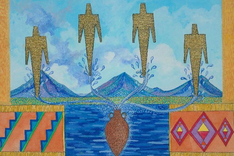 Ben Aleck, Great Basin Tribes, 2019, Acrylic on paper, 16 ¾x23 inches.