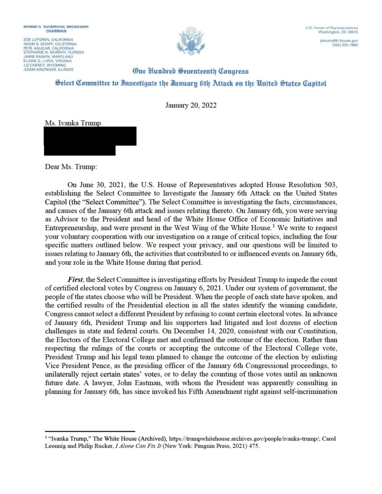 Ivanka Trump Letter From Jan. 6 Committee
