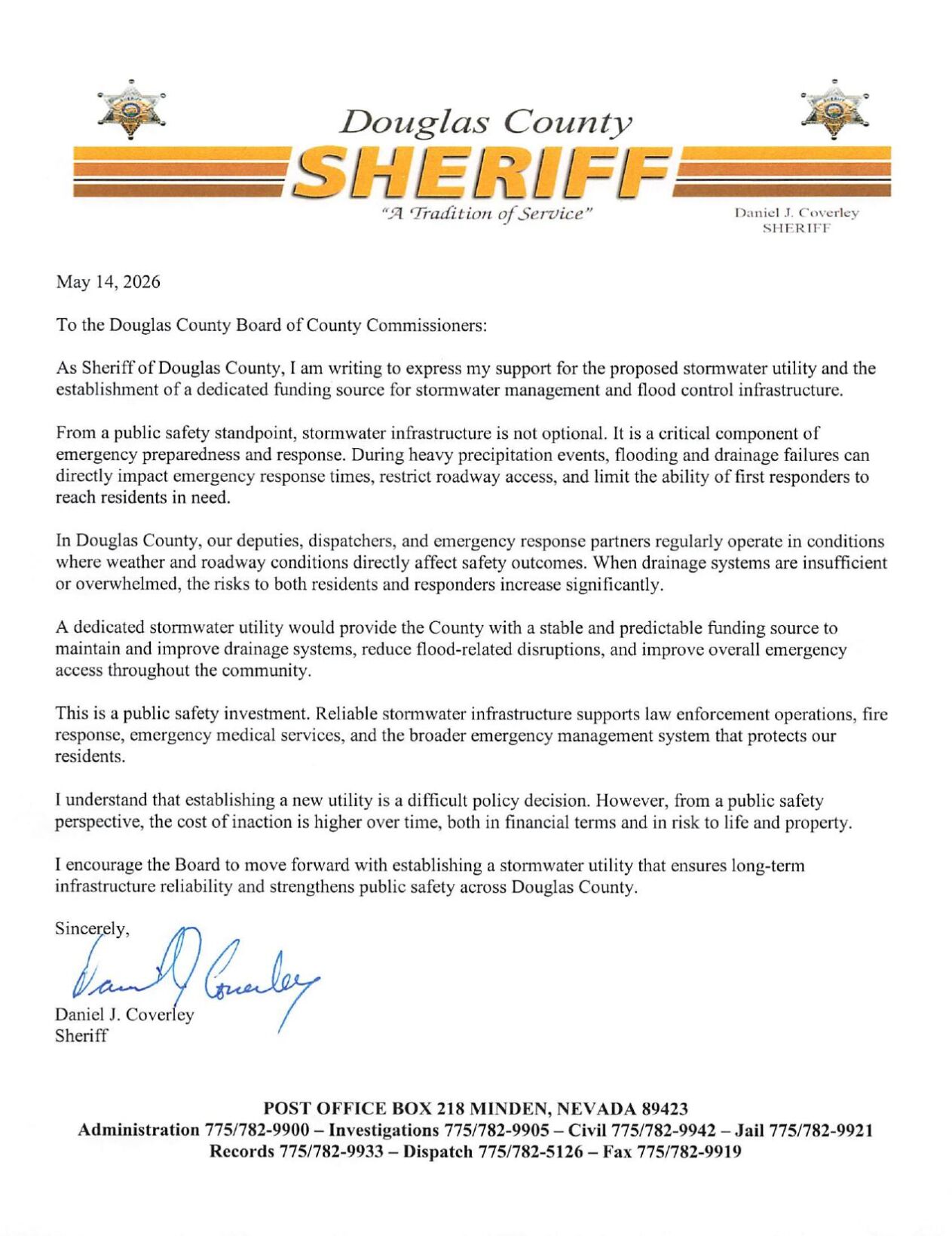 Douglas County Sheriff Daniel J. Coverley letter
