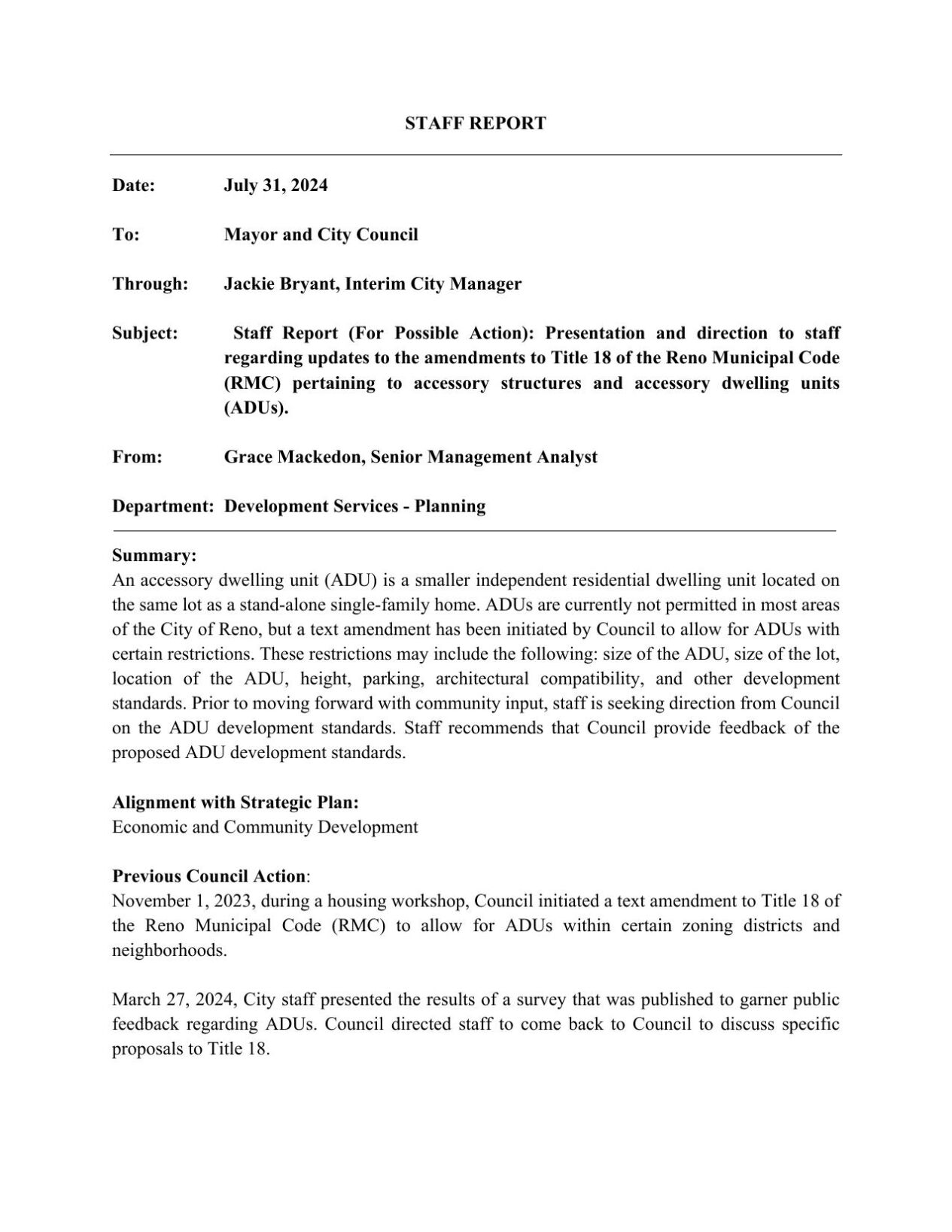 Staff Report, ADU Reno City Council