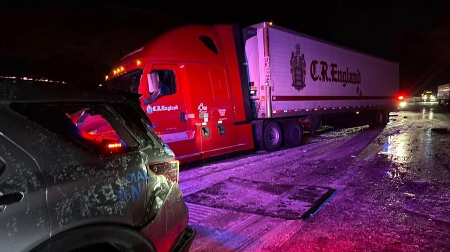 Semis hit, trooper patrol car