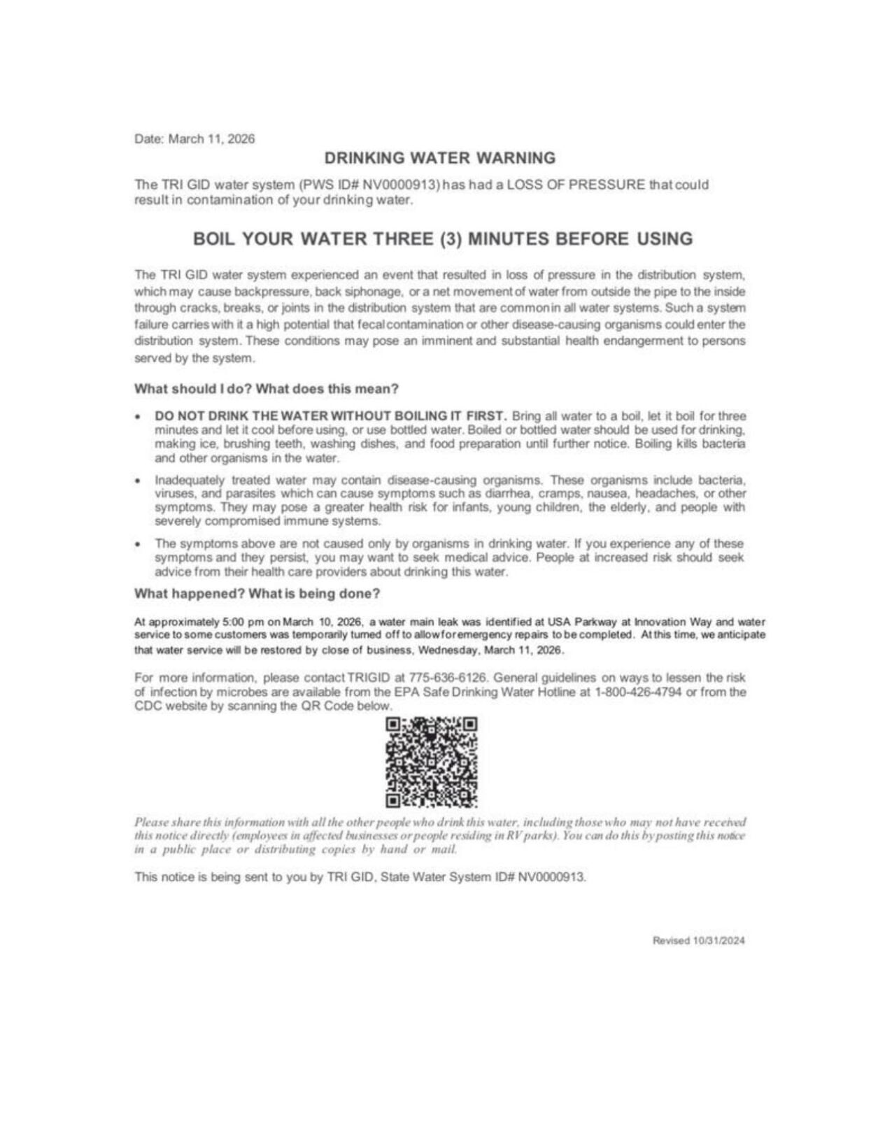 Drinking water warning