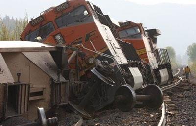 Train Engines Tilt After Derailment in Plumas County, California