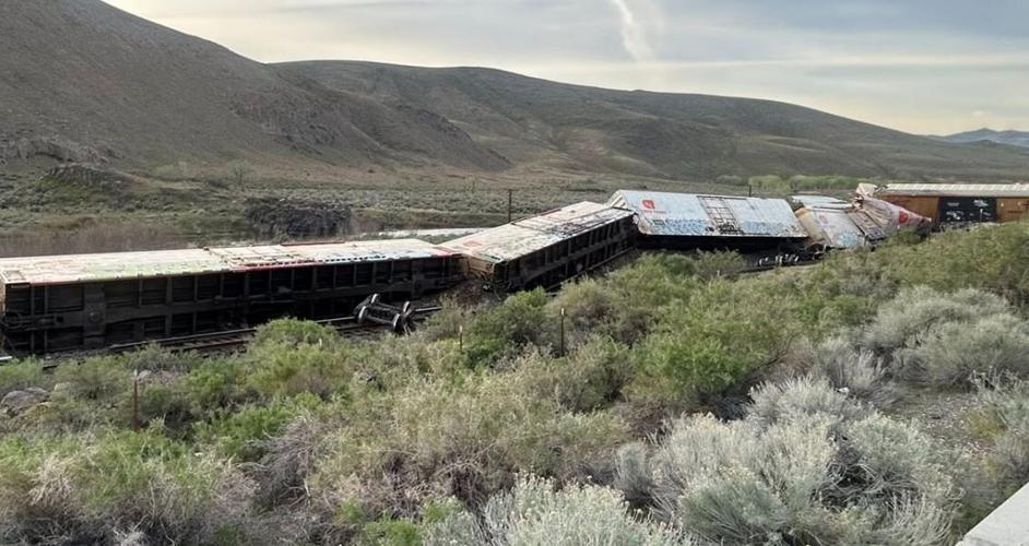 Derailed train cars along I-80