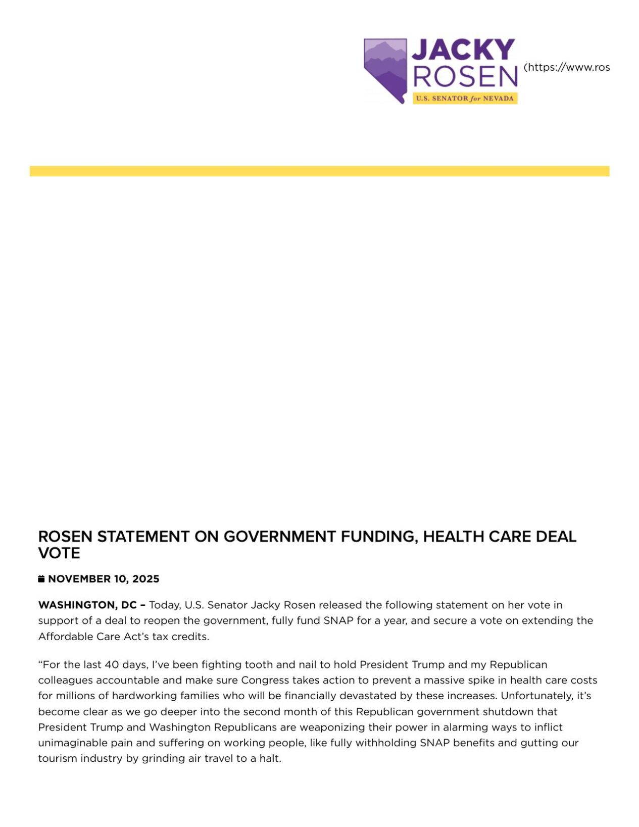 Rosen Statement on Government Funding, Health Care Deal Vote