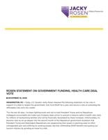 Rosen Statement on Government Funding, Health Care Deal Vote