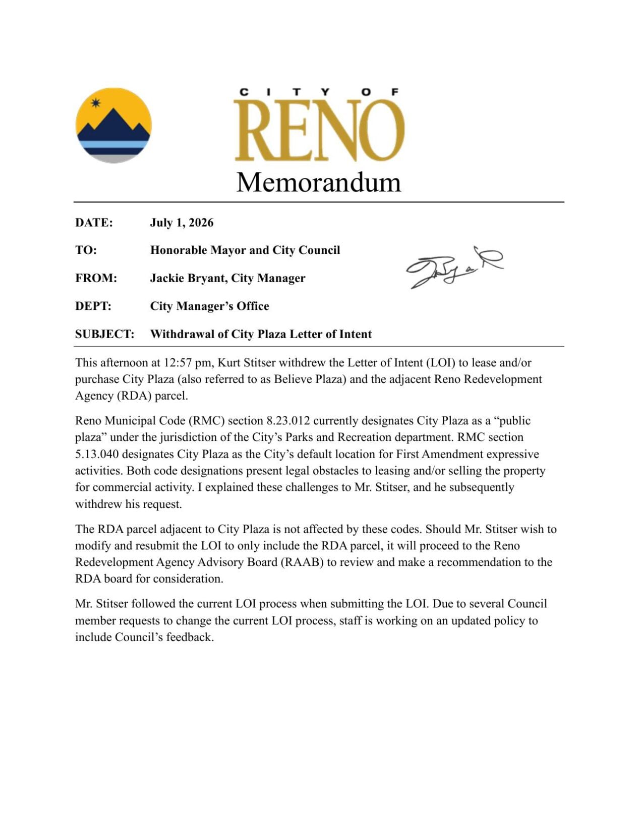 Ctiy of Reno lease proposal withdrawal