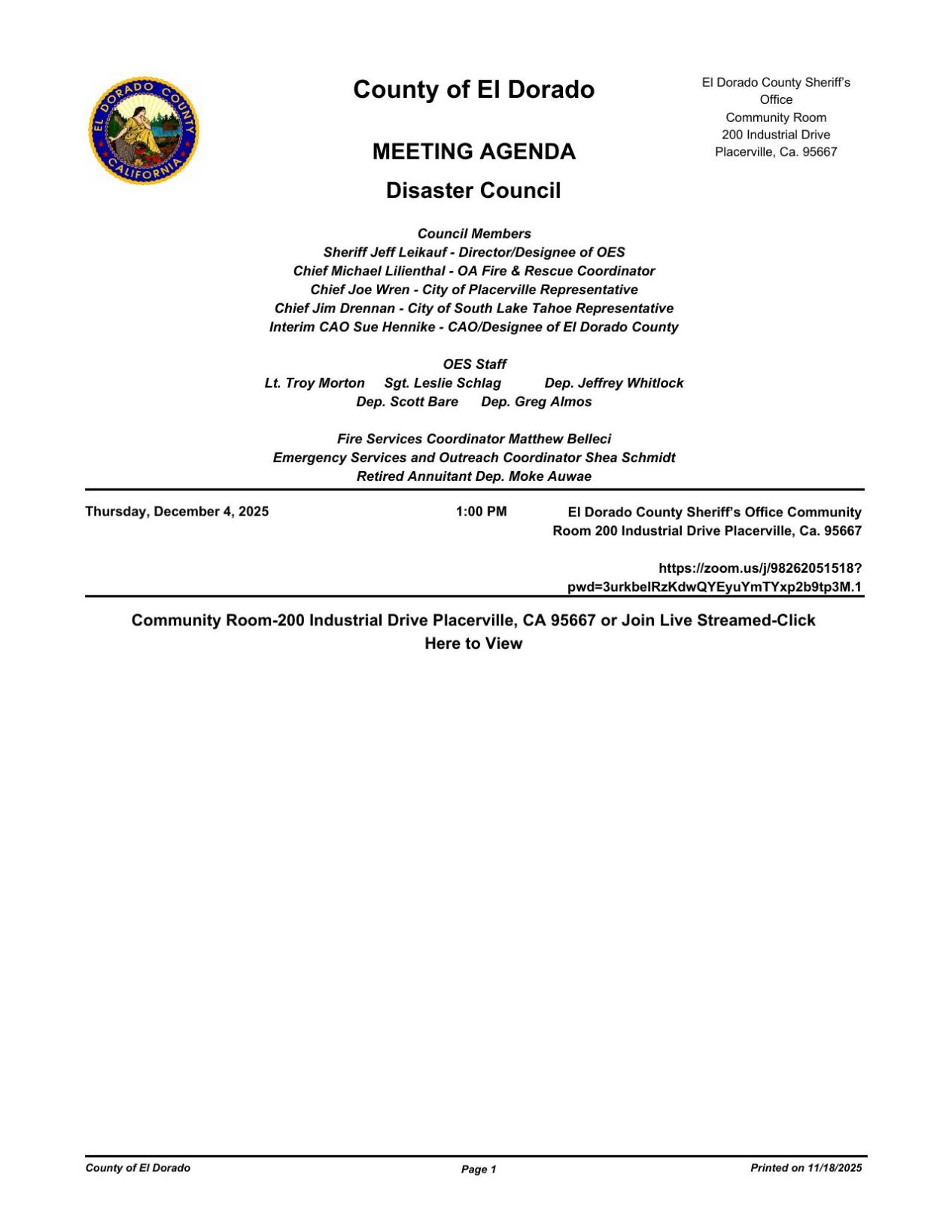 El Dorado Sheriff's Office, agenda