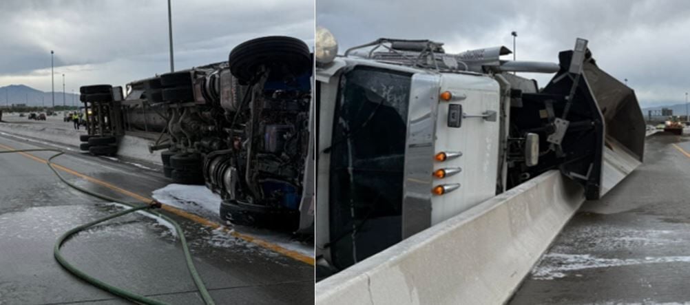 Dump truck on side on I-580 south