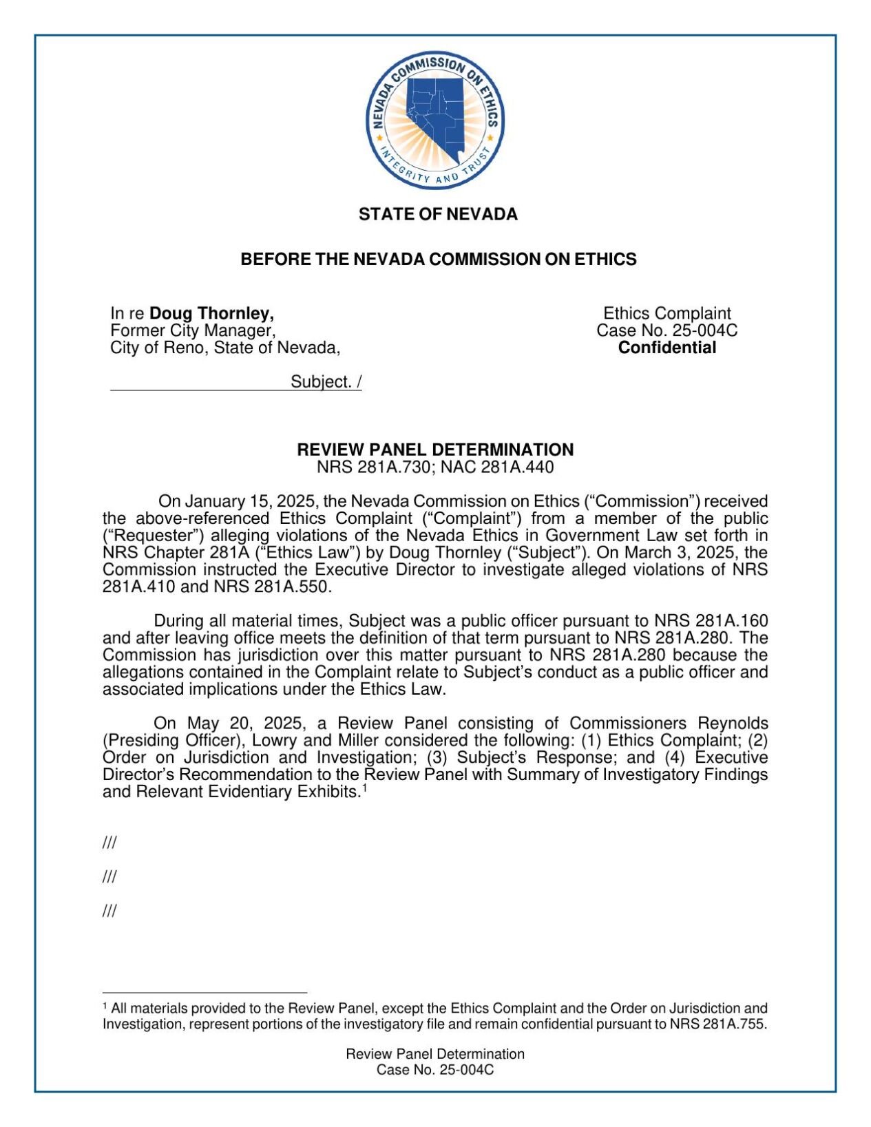 State of Nevada Nevada Commission on Ethics Review Panel Determination