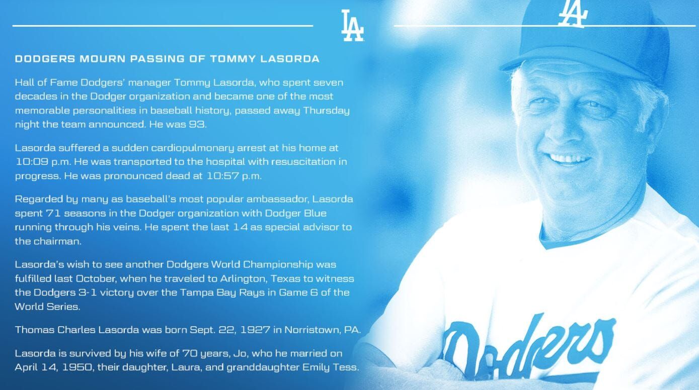 Former Los Angeles Dodgers Manager Tommy Lasorda Dies at 93