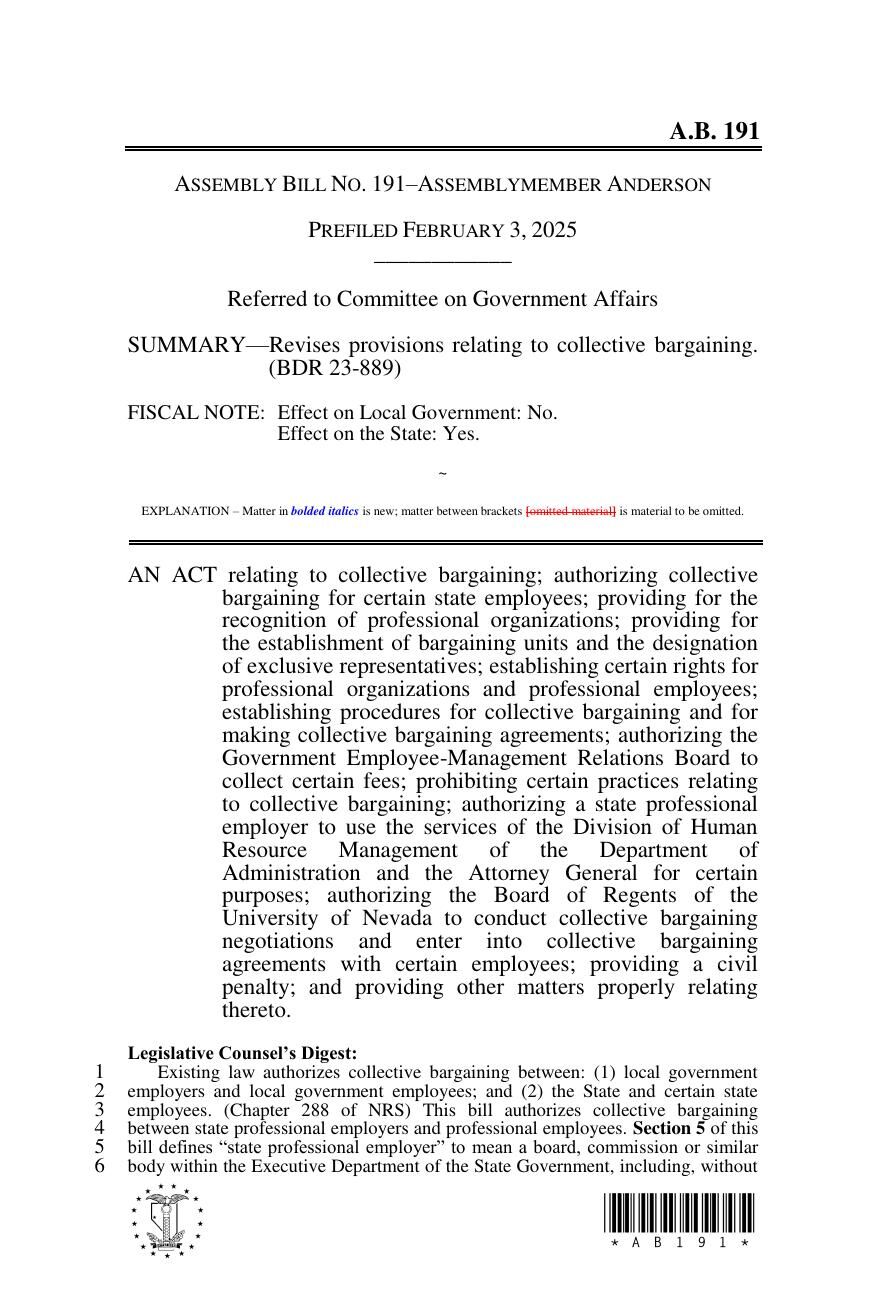 Assembly Bill 191, Nevada Legislature