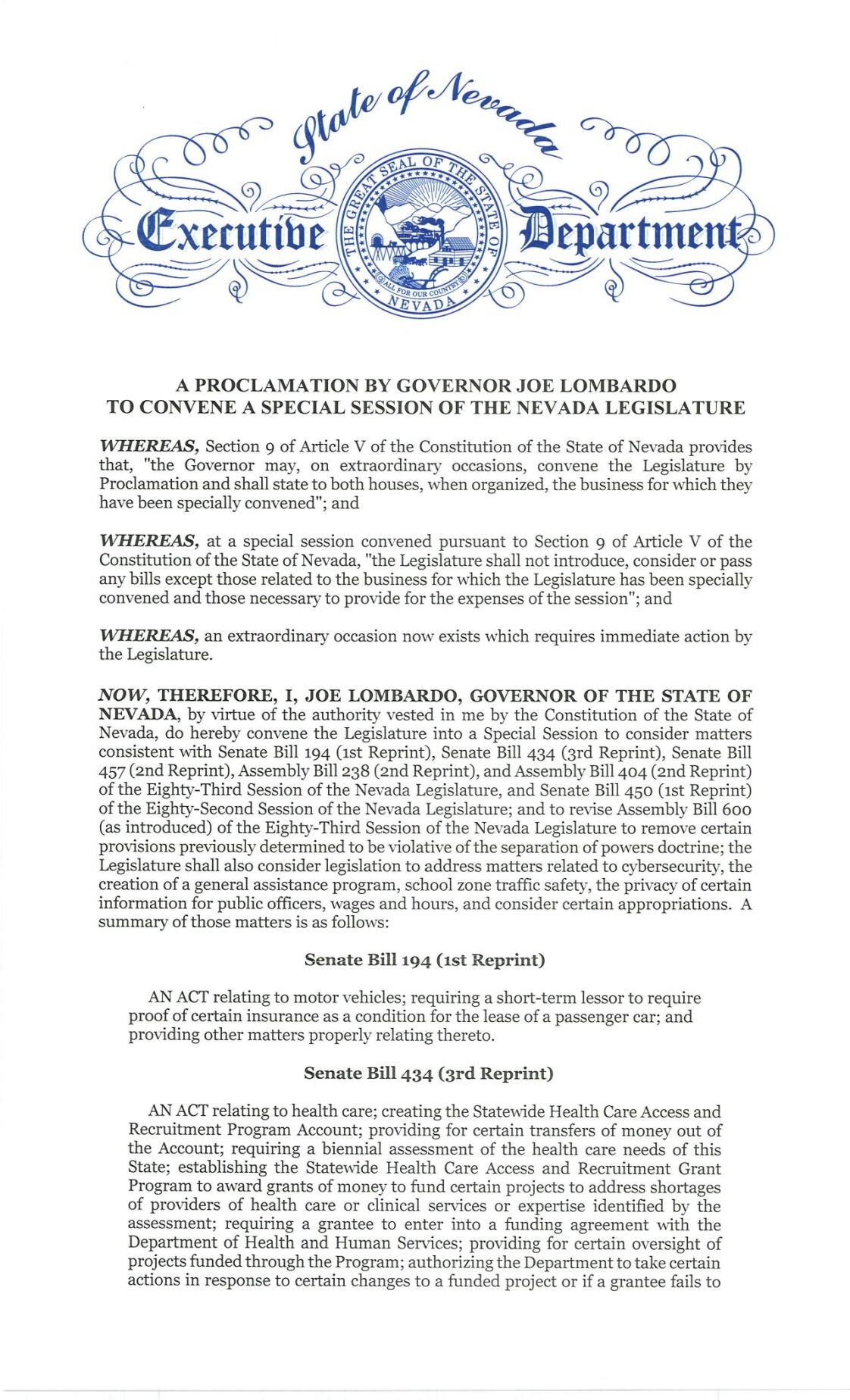 Special Session Proclamation for Governor Lombardo