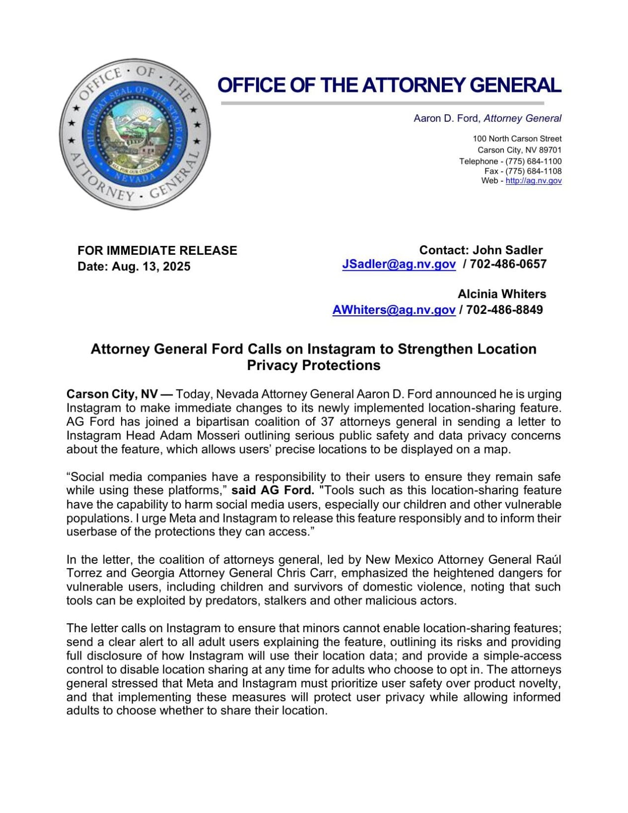 Attorney General Ford Calls on Instagram to Strengthen Location Privacy Protections