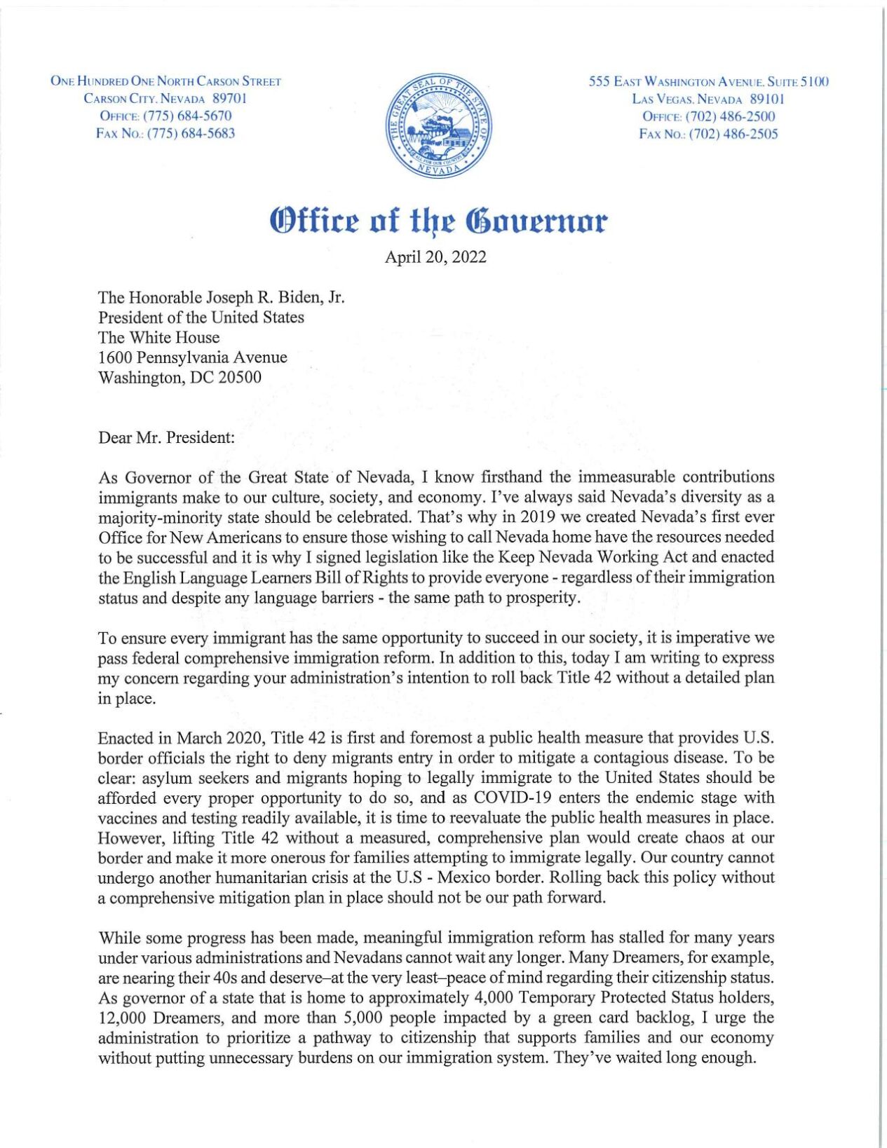 Governor Sisolak Asks Biden Administration to Reconsider Rolling Back Title 42