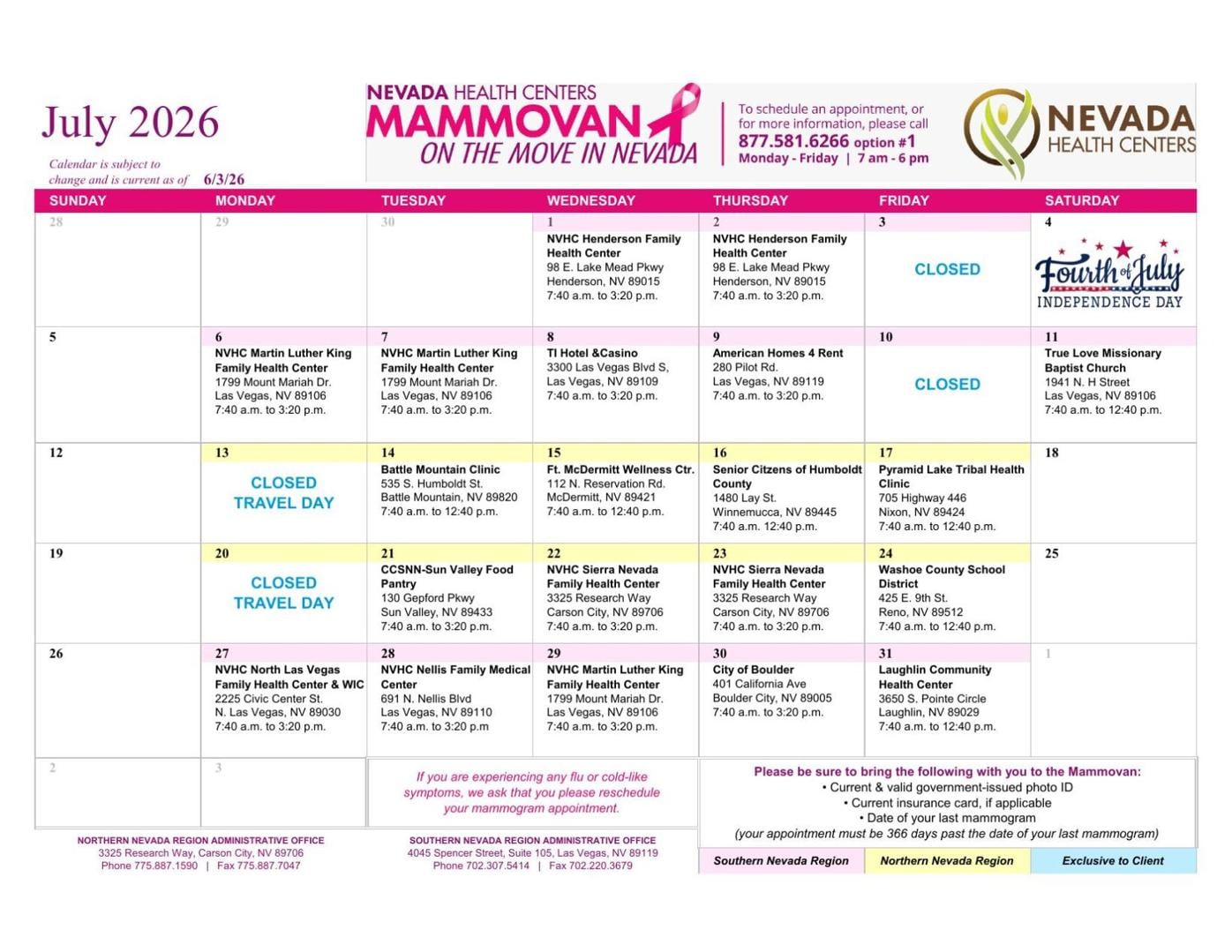 July Mammovan schedule
