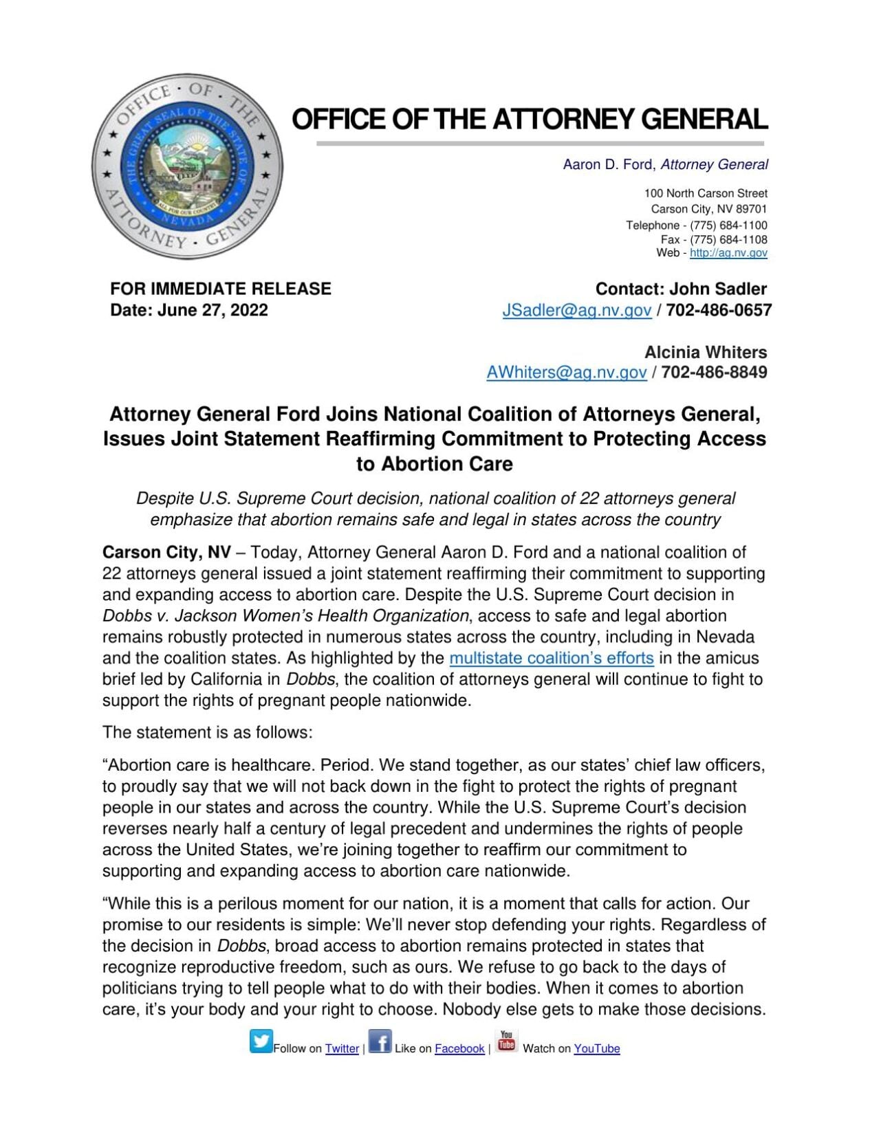 AG Ford Statement on Abortion Care