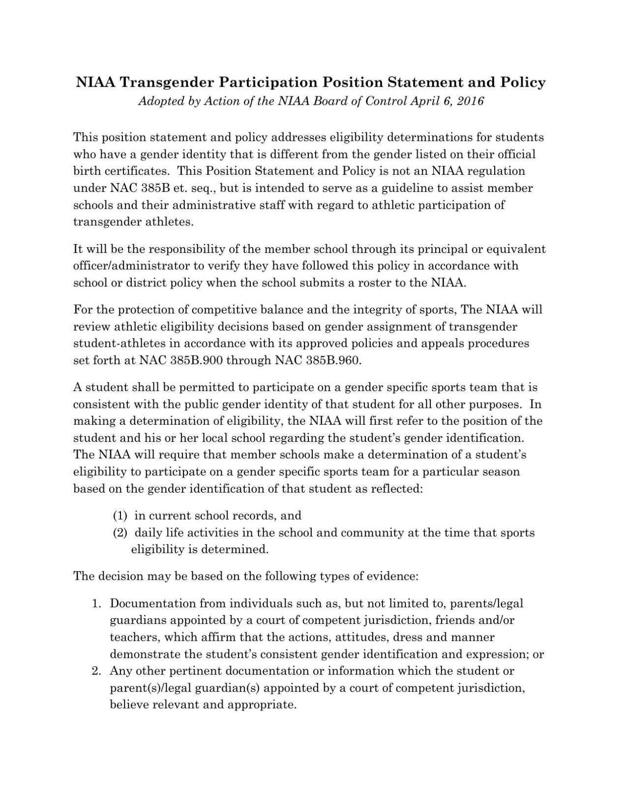 NIAA Transgender policy