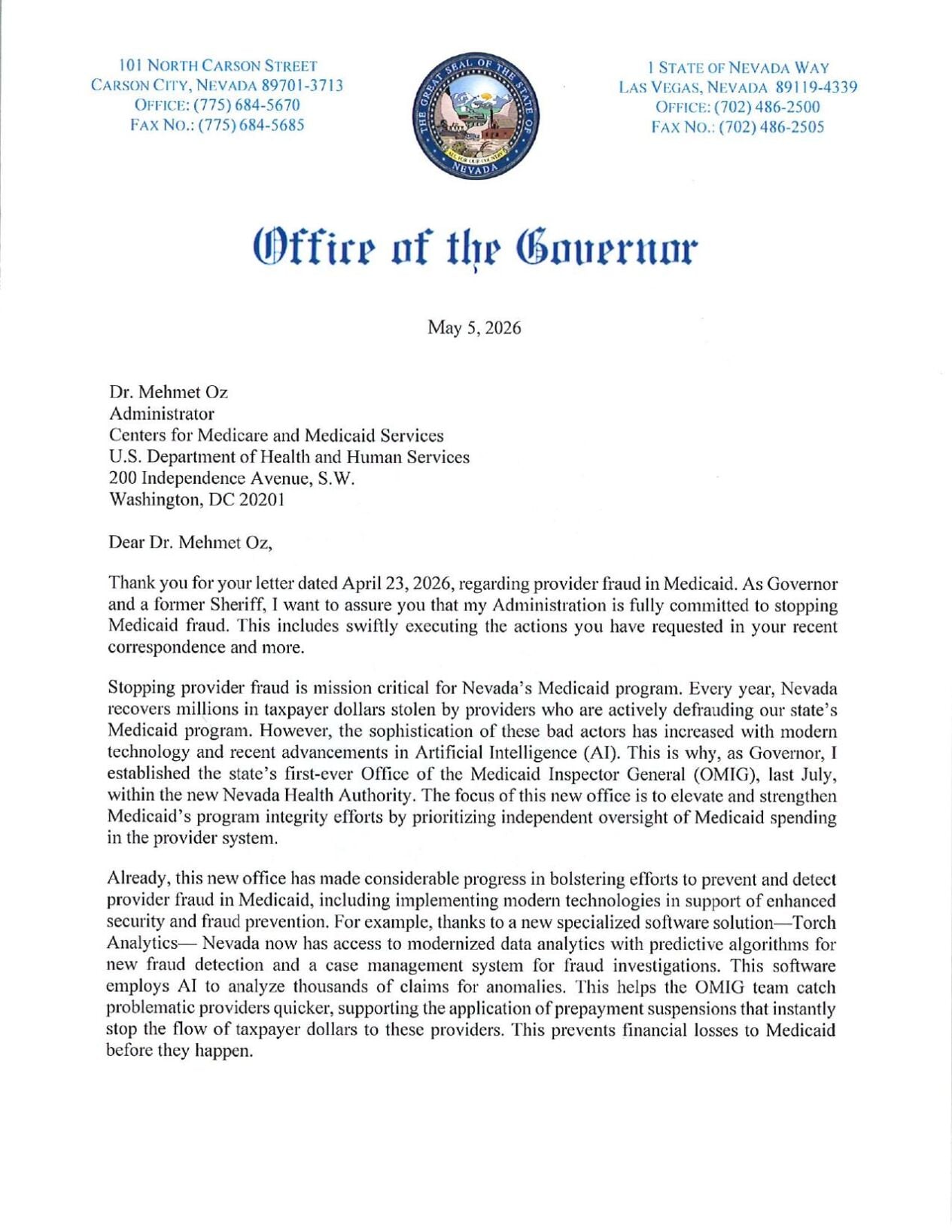 Governor Lombardo's Letter to Dr. Oz