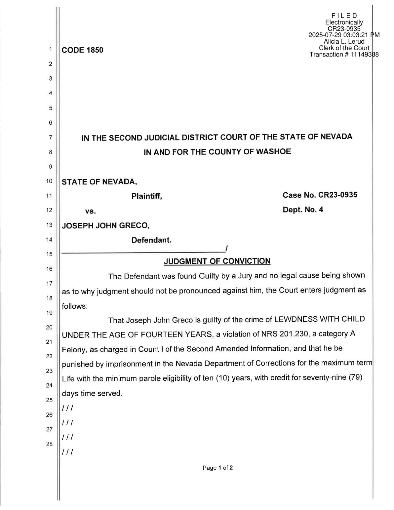 Sentencing - Joseph John Greco