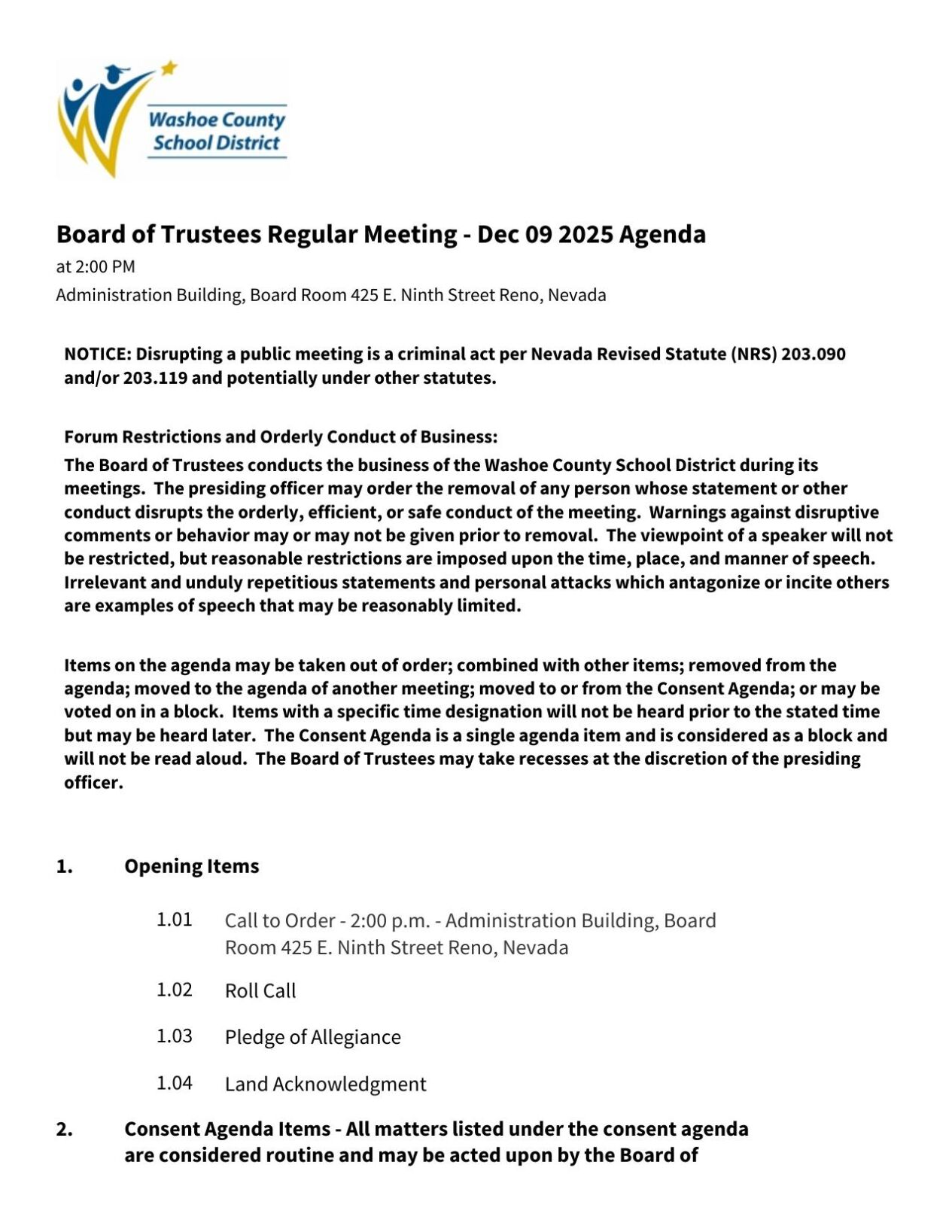 WCSD board agenda, December 9