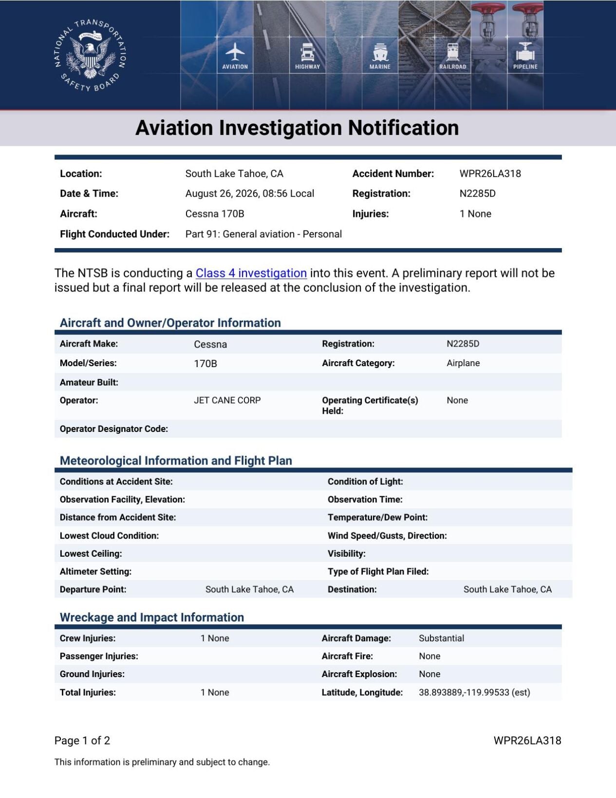 NTSB preliminary report, South Lake Tahoe incident