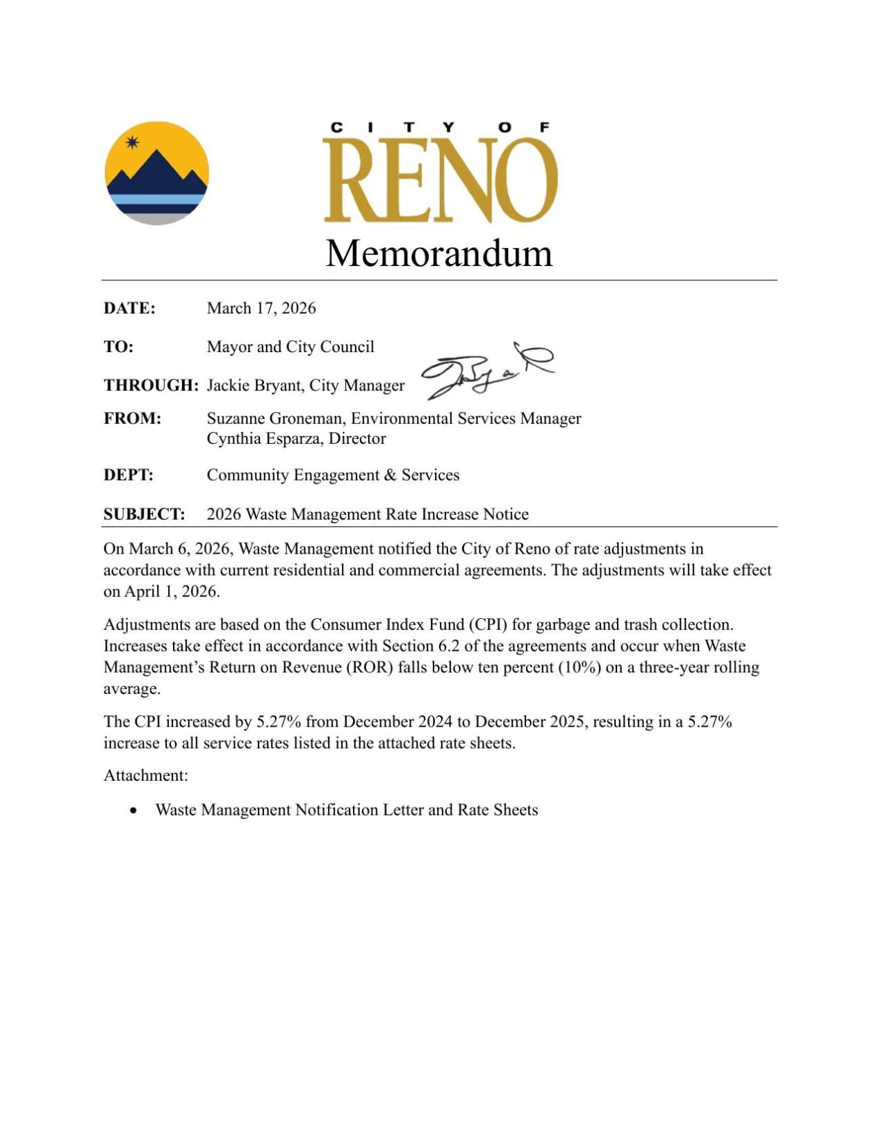 City of Reno WM memo