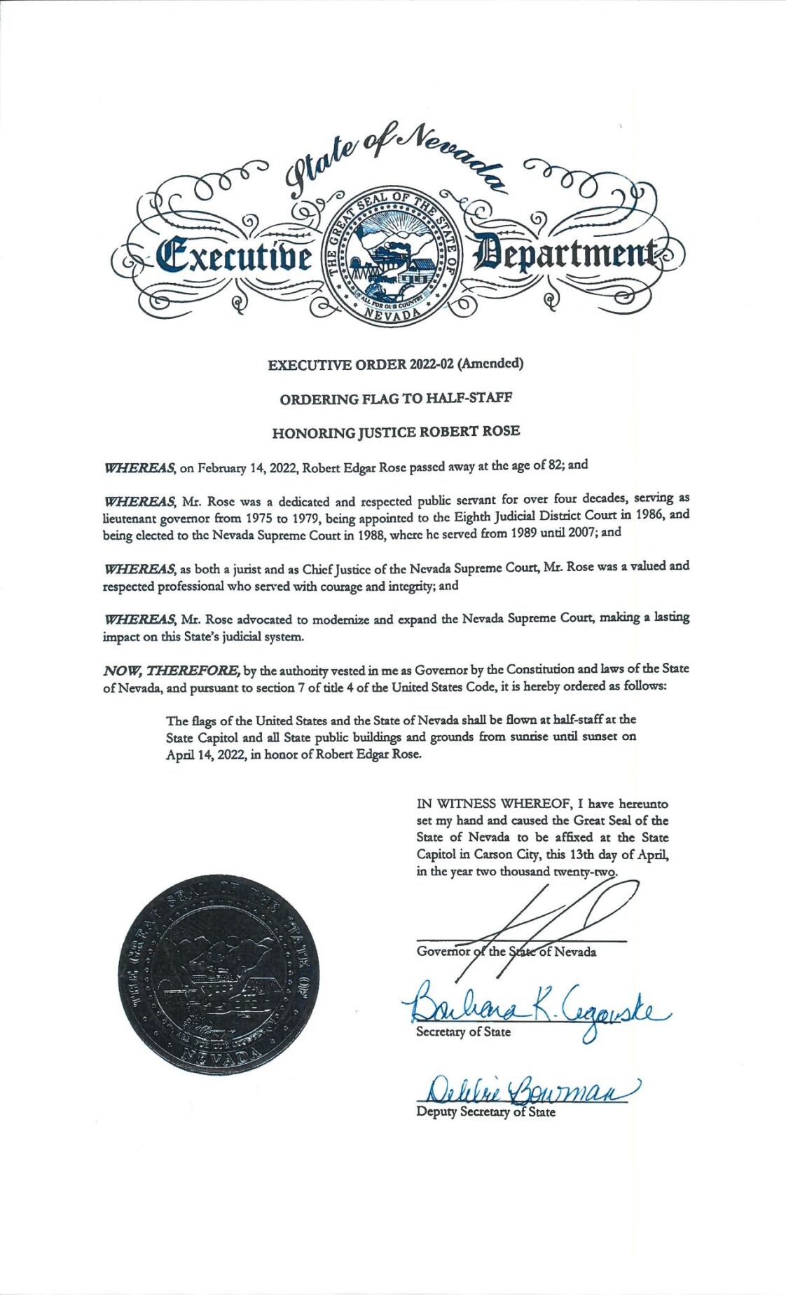 Flags Ordered at half-staff for Justice Robert Rose