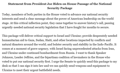 Biden Aid Bill Statement