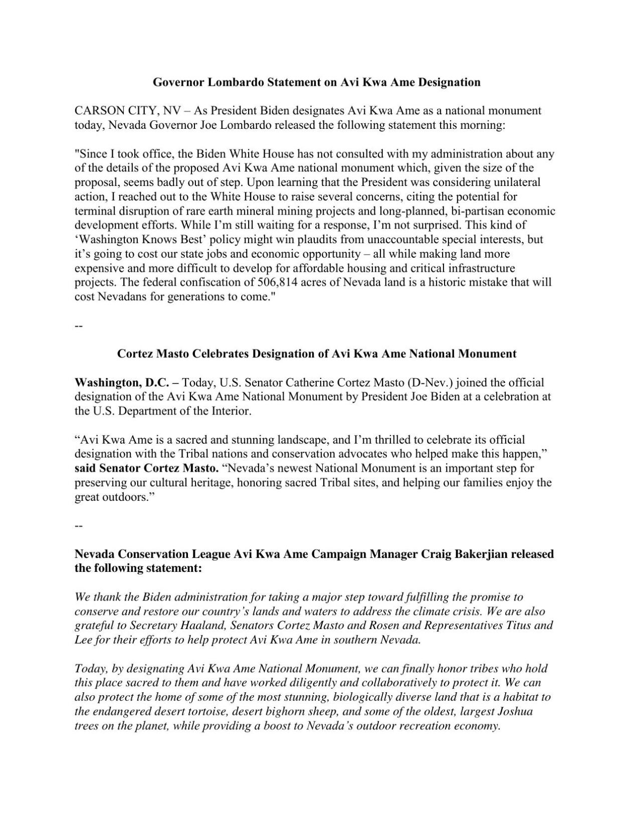 National Monument statements