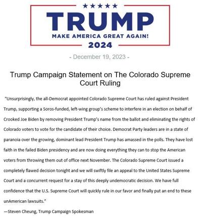 Trump Campaign Statement on The Colorado Supreme Court Ruling