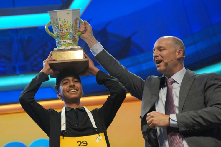 Photos of students competing for the Scripps National Spelling Bee trophy