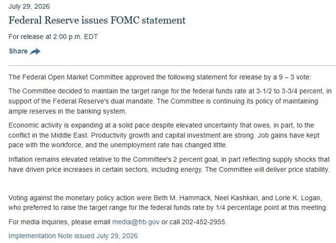Federal Reserve statement, July 29, 2026