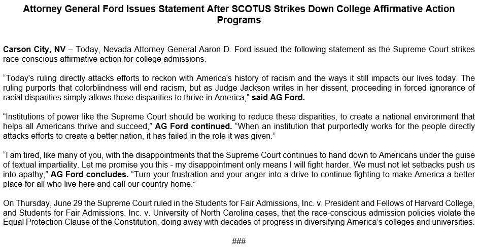 Nevada Attorney General Aaron Ford statement