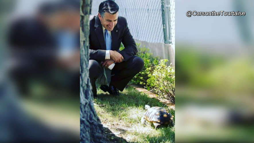 Former Governor Brian Sandoval meets with Carson the tortoise