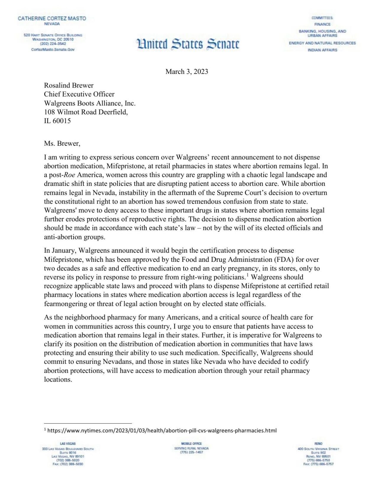 Senator Cortez Masto letter on Walgreens