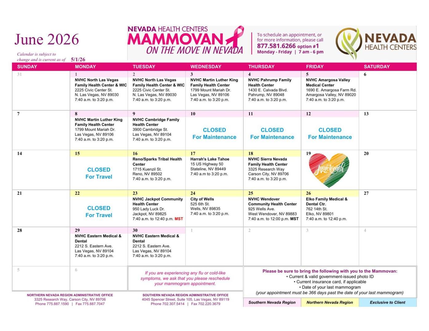 June Mammovan schedule