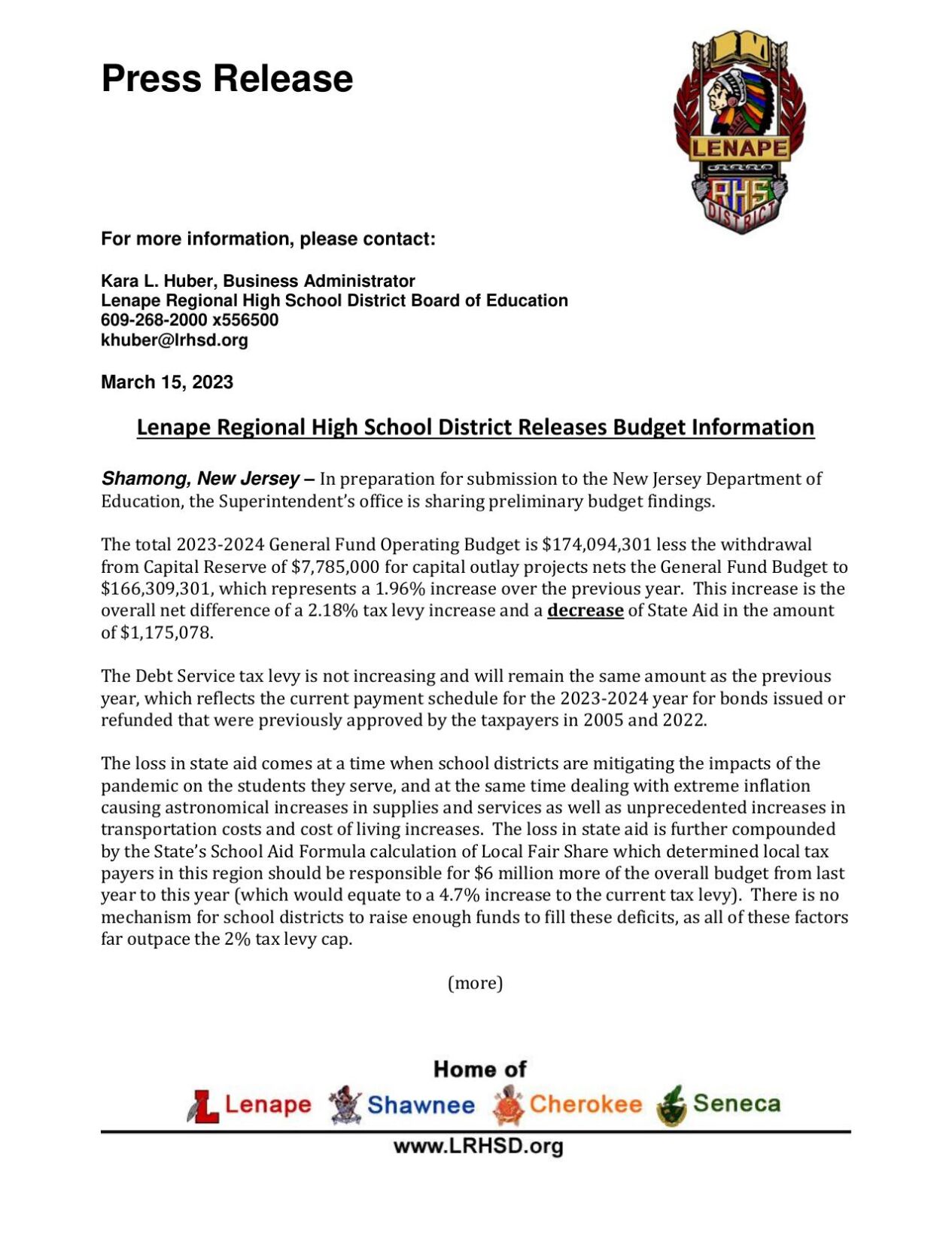 Lenape Regional High Schol District tax statement