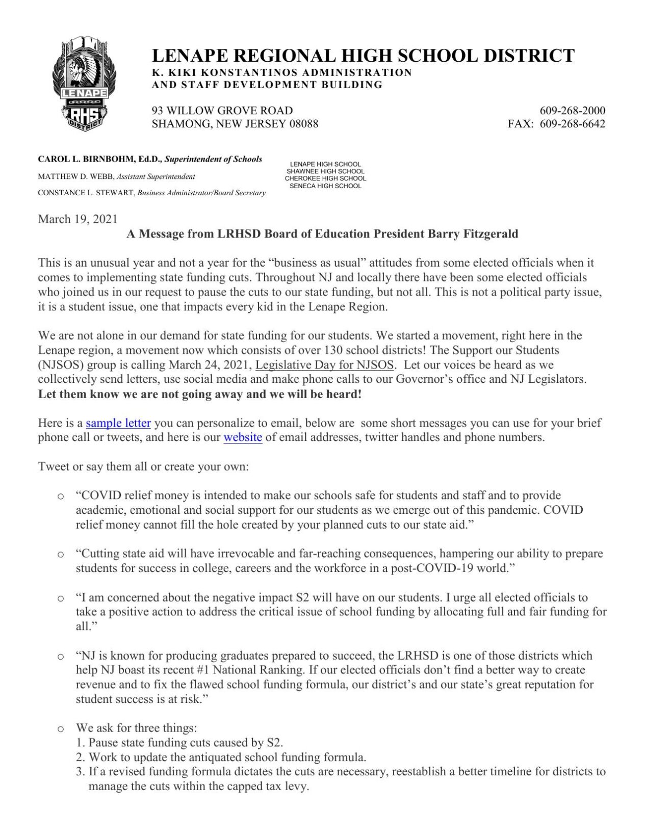 Community letter from the Lenape regional Board of Education