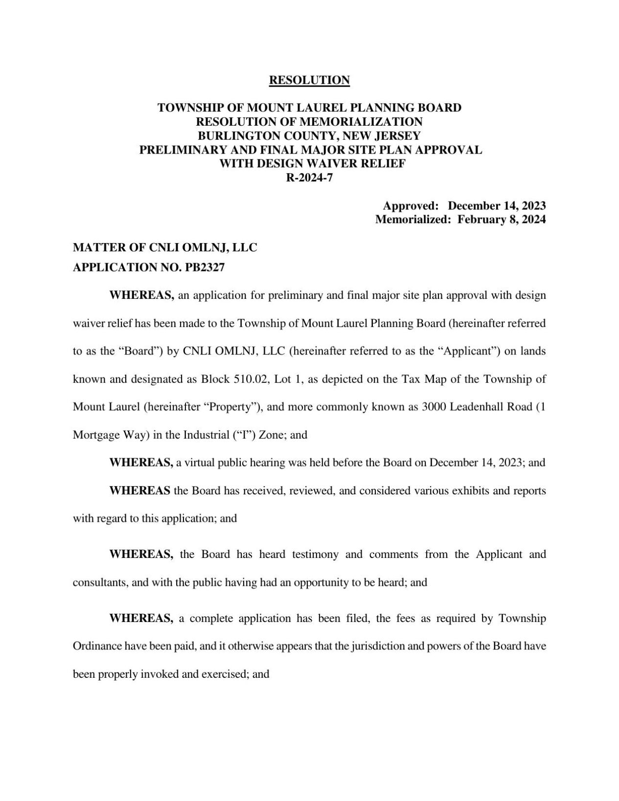 Mount Laurel Planning Board resolution authorizing warehouse on Leadenall Road.