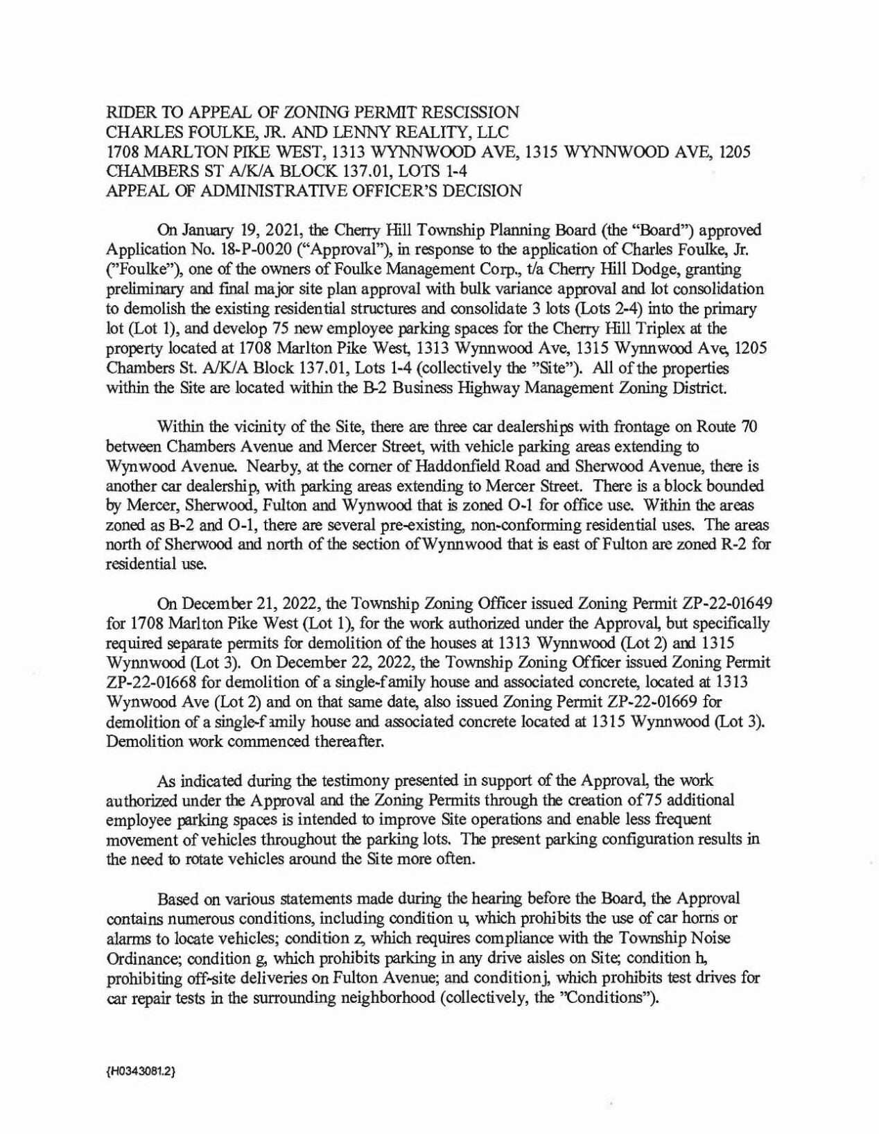 DOWNLOAD: Summary of Foulke's zoning board appeal