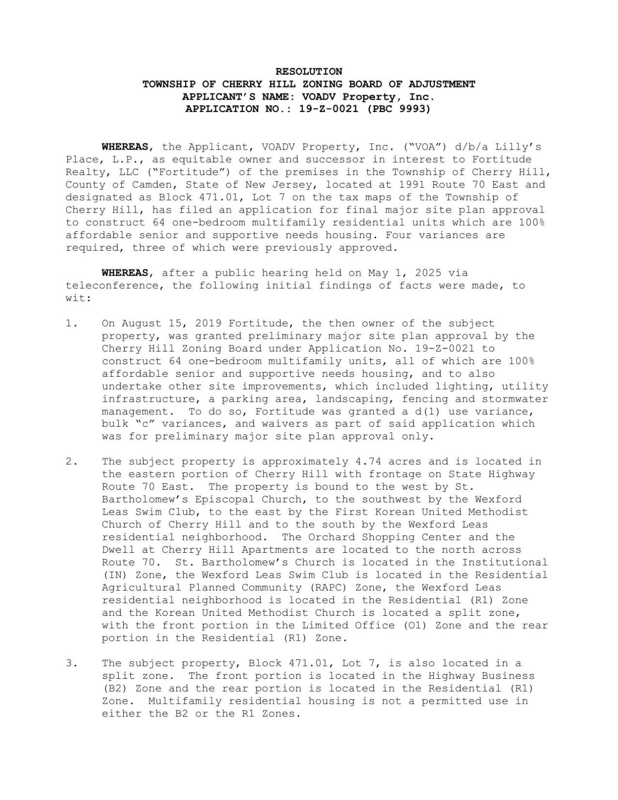 VOADV: Cherry Hill zoning board resolution May 15, 2025