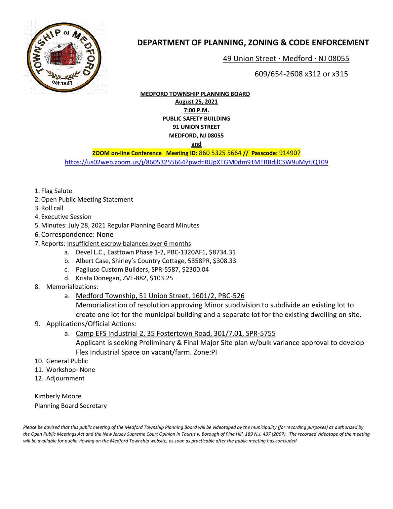 Agenda for Medford Planning Board meeting