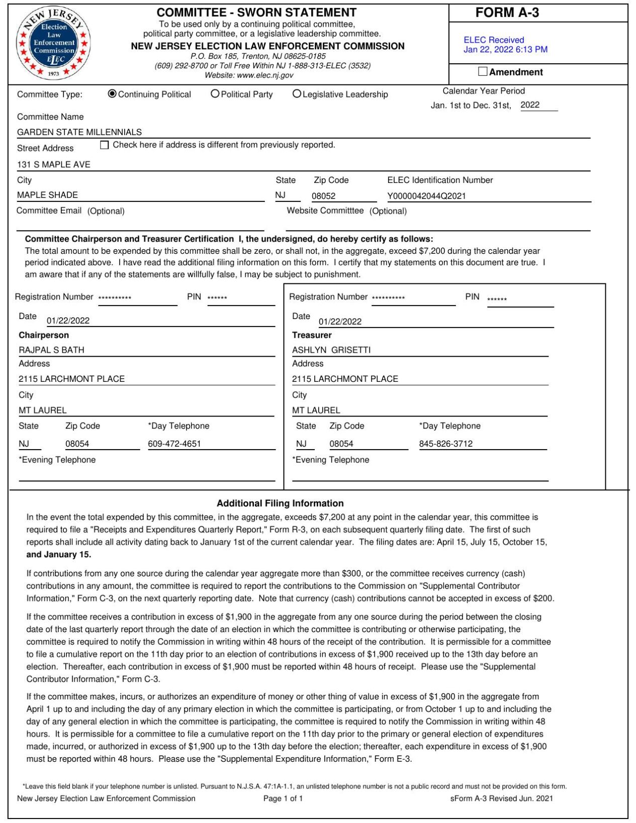 Disclosure forms filed with the New Jersey Election Law Enforcement Commission