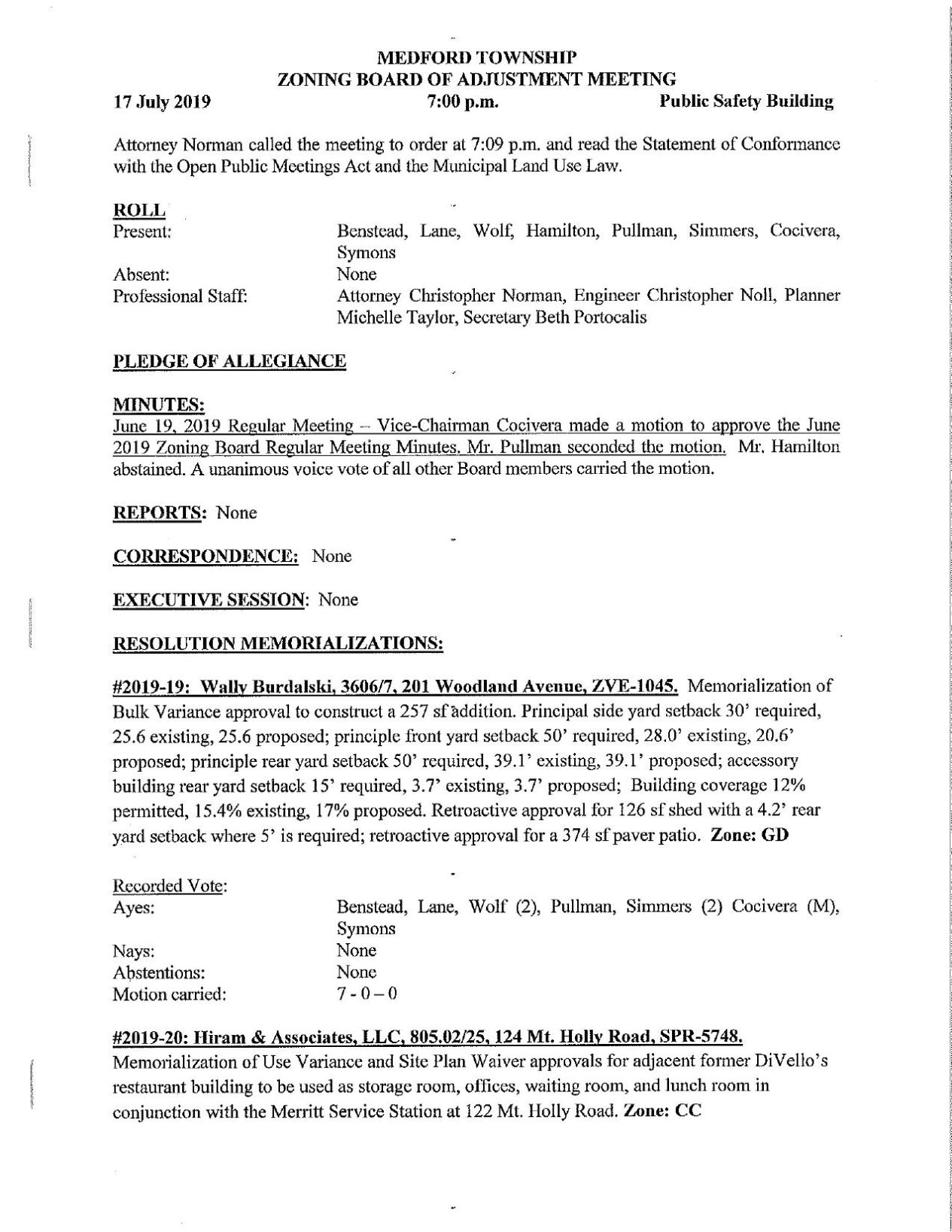 Minutes of the July 2019 zoning meeting