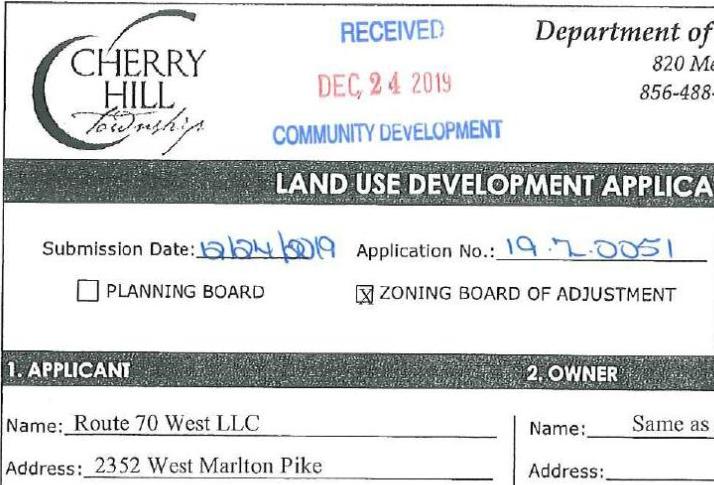 Application for car wash, coffee shop on Route 70, Cherry Hill.