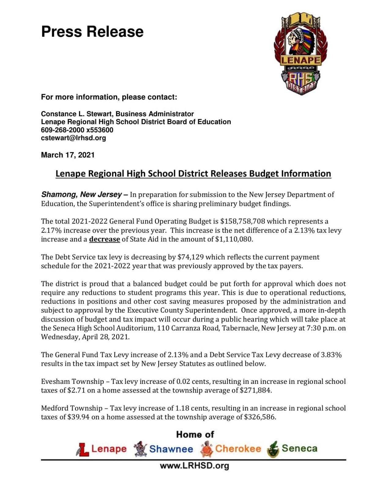 Lenape Regional district preliminary budget announcement