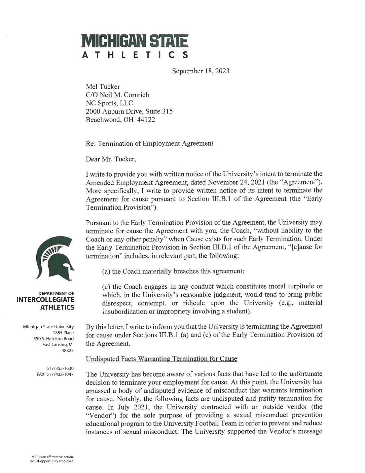 Michigan State's Investigation Into Mel Tucker's Sexual Harassment ...